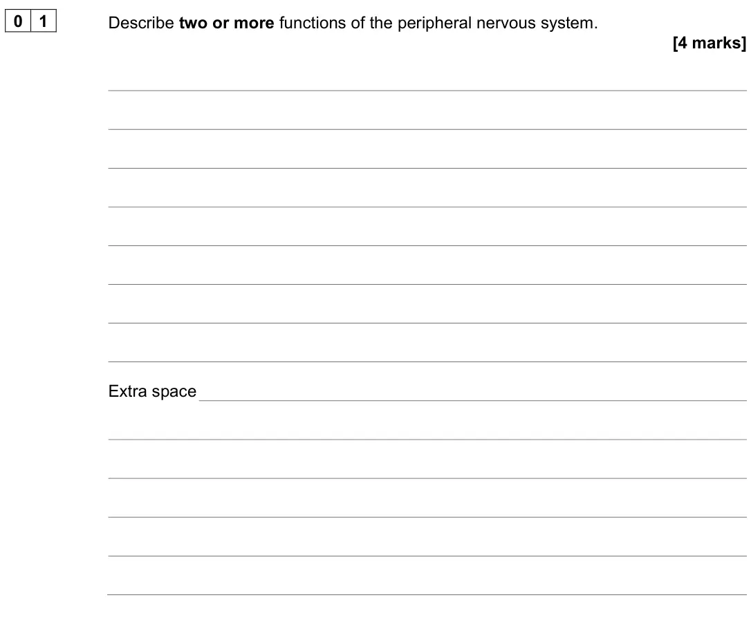 June 2023 AS Paper 2, question 01: Describe two or more functions of the peripheral nervous system. [4 marks]