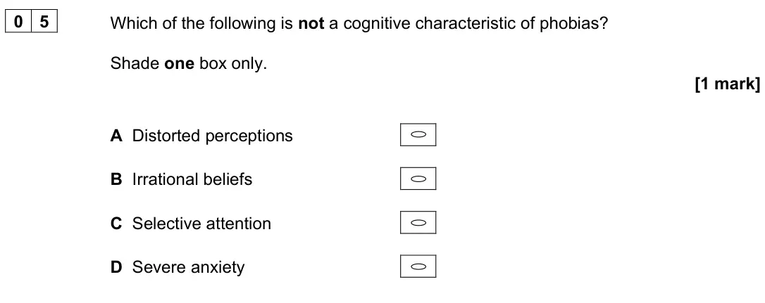 June 2023 AS Paper 2, question 05: Which of the following is not a cognitive characteristic of phobias? Shade one box only. [1 mark] A Distorted perceptions B Irrational beliefs C Selective atten