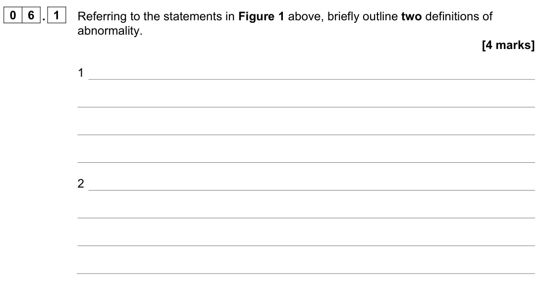 June 2023 AS Paper 2, question 06.1: Referring to the statements in Figure 1 above, briefly outline two definitions of abnormality. [4 marks] 1 2