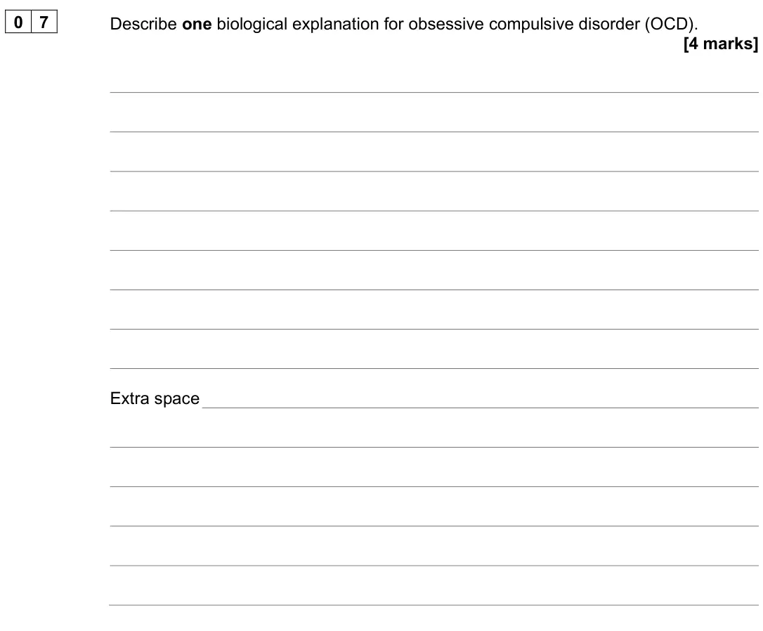 June 2023 AS Paper 2, question 07: Describe one biological explanation for obsessive compulsive disorder (OCD). [4 marks]