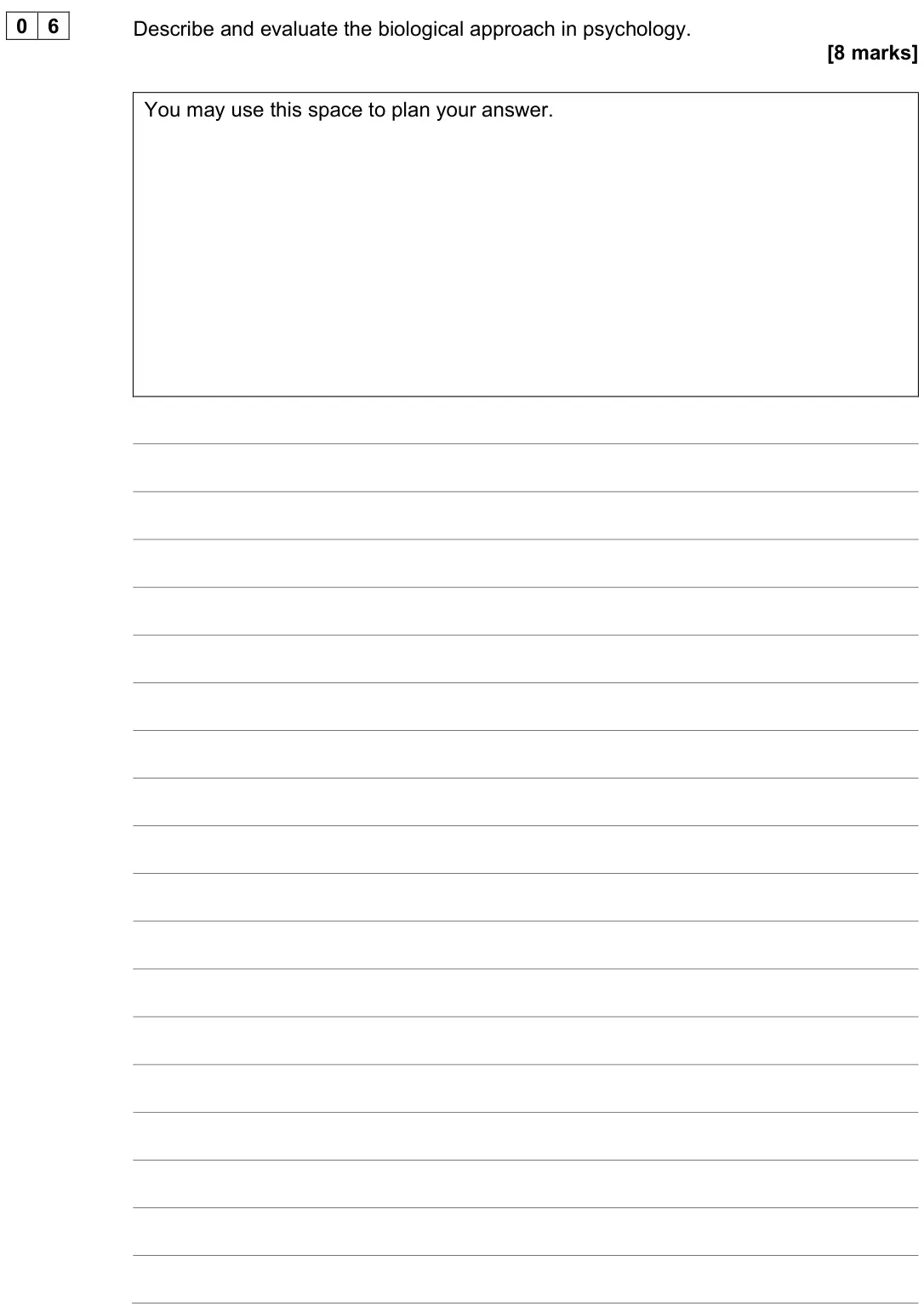 June 2024 AS Paper 2, question 06: Describe and evaluate the biological approach in psychology. [8 marks] You may use this space to plan your answer.