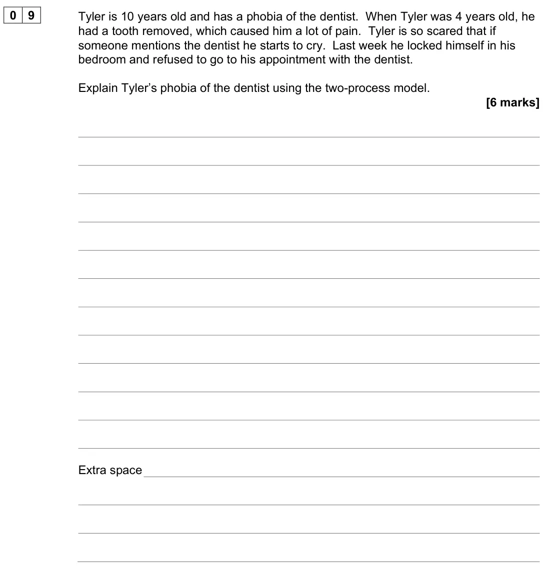 June 2024 AS Paper 2, question 09: Tyler is 10 years old and has a phobia of the dentist. When Tyler was 4 years old, he had a tooth removed, which caused him a lot of pain. Tyler is so scared th