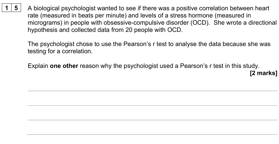 June 2022 Paper 1, question 15: A biological psychologist wanted to see if there was a positive correlation between heart rate (measured in beats per minute) and levels of a stress hormone (me