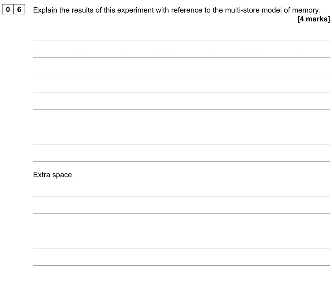 June 2023 Paper 1, question 06: Explain the results of this experiment with reference to the multi-store model of memory. [4 marks]