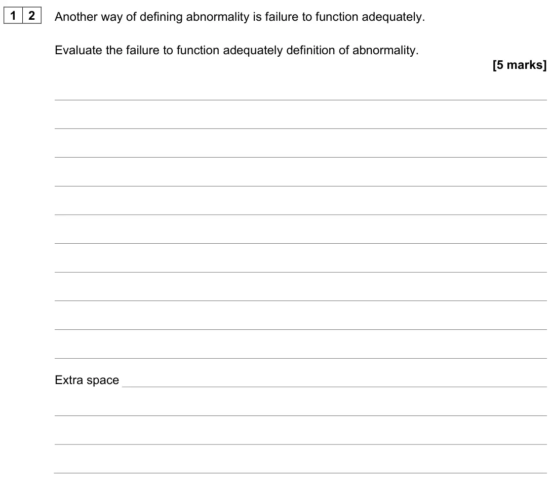 June 2023 Paper 1, question 12: Another way of defining abnormality is failure to function adequately. Evaluate the failure to function adequately definition of abnormality. [5 marks]
