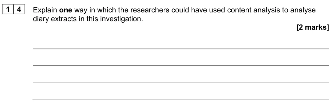 June 2023 Paper 1, question 14: Explain one way in which the researchers could have used content analysis to analyse diary extracts in this investigation. [2 marks]