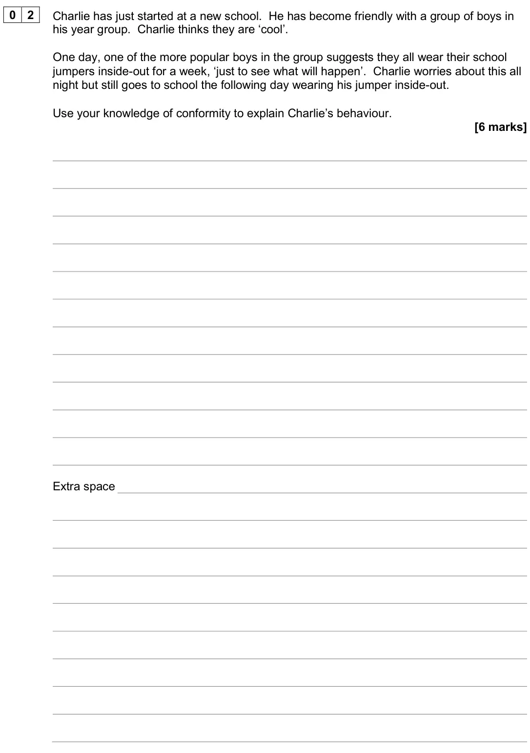 June 2024 Paper 1, question 02: Charlie has just started at a new school. He has become friendly with a group of boys in his year group. Charlie thinks they are ‘cool’. One day, one of the mor
