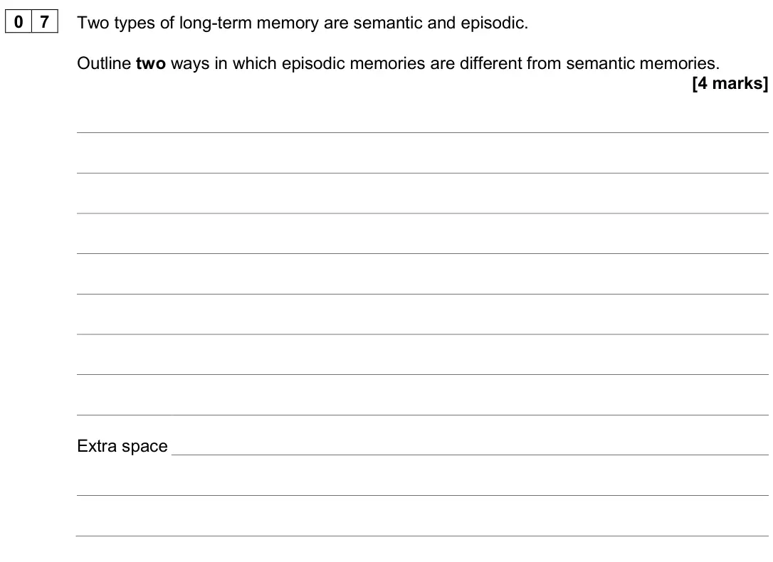 June 2024 Paper 1, question 07: Two types of long-term memory are semantic and episodic. Outline two ways in which episodic memories are different from semantic memories. [4 marks]