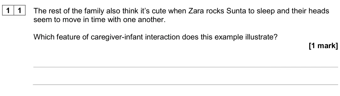 June 2024 Paper 1, question 11: The rest of the family also think it’s cute when Zara rocks Sunta to sleep and their heads seem to move in time with one another. Which feature of caregiver-inf