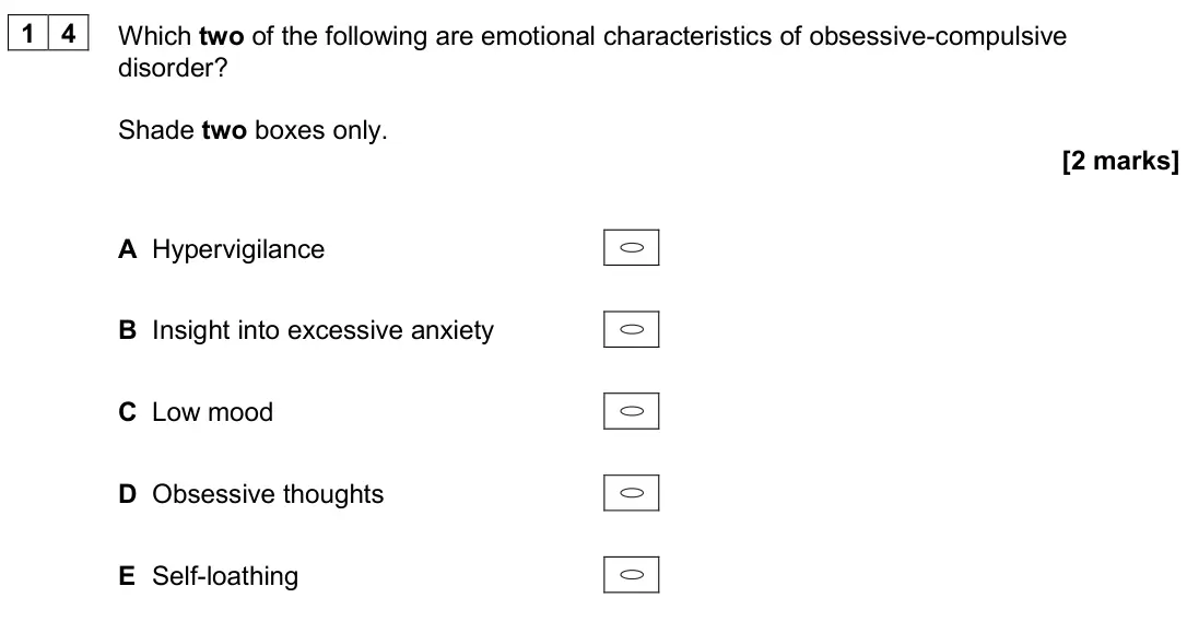 June 2024 Paper 1, question 14: Which two of the following are emotional characteristics of obsessive-compulsive disorder? Shade two boxes only. [2 marks] A Hypervigilance B Insight into exces