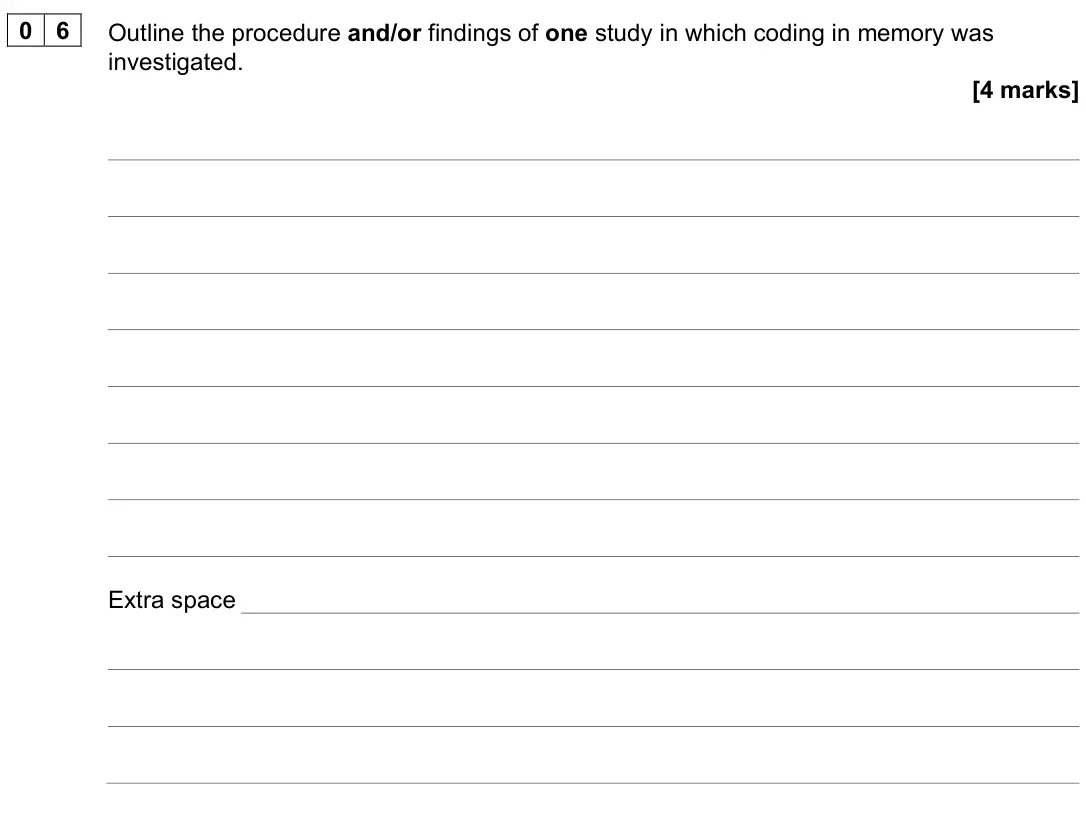 June 2025 Paper 1, question 06: Outline the procedure and/or findings of one study in which coding in memory was investigated. [4 marks]