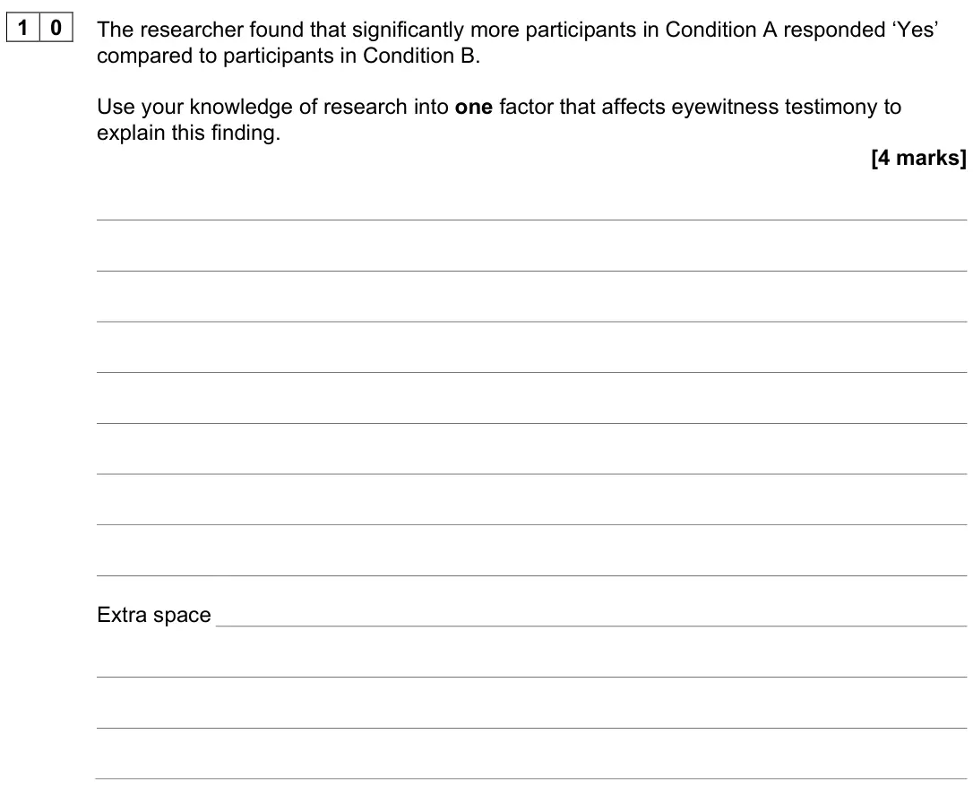 June 2025 Paper 1, question 10: The researcher found that significantly more participants in Condition A responded ‘Yes’ compared to participants in Condition B. Use your knowledge of research