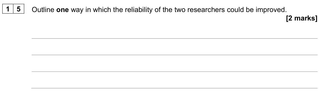 June 2025 Paper 1, question 15: Outline one way in which the reliability of the two researchers could be improved. [2 marks]