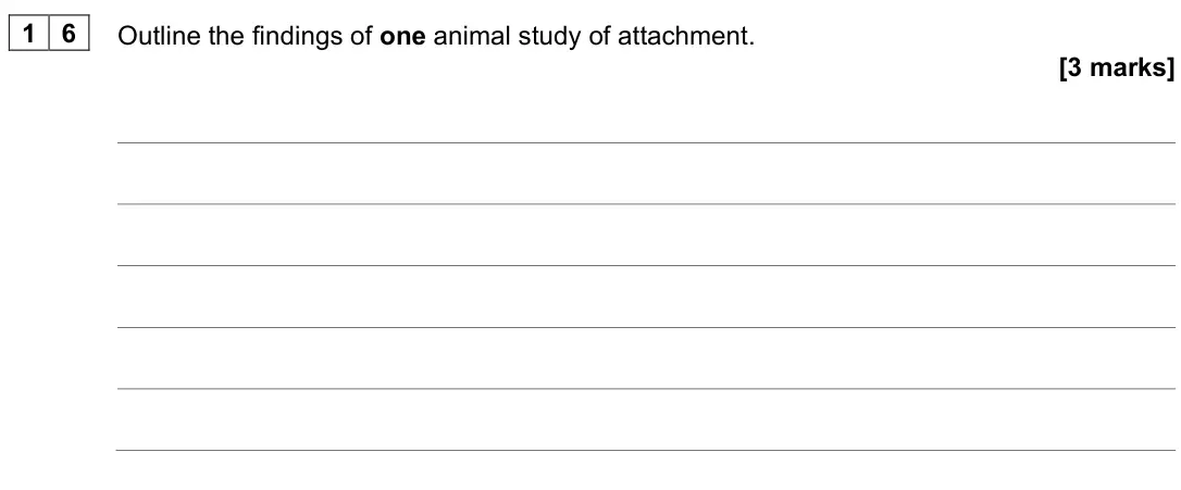 June 2025 Paper 1, question 16: Outline the findings of one animal study of attachment. [3 marks]