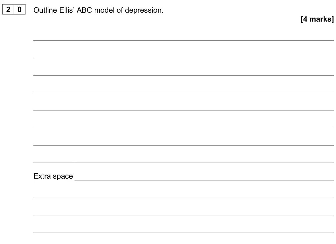 June 2025 Paper 1, question 20: Outline Ellis’ ABC model of depression. [4 marks]