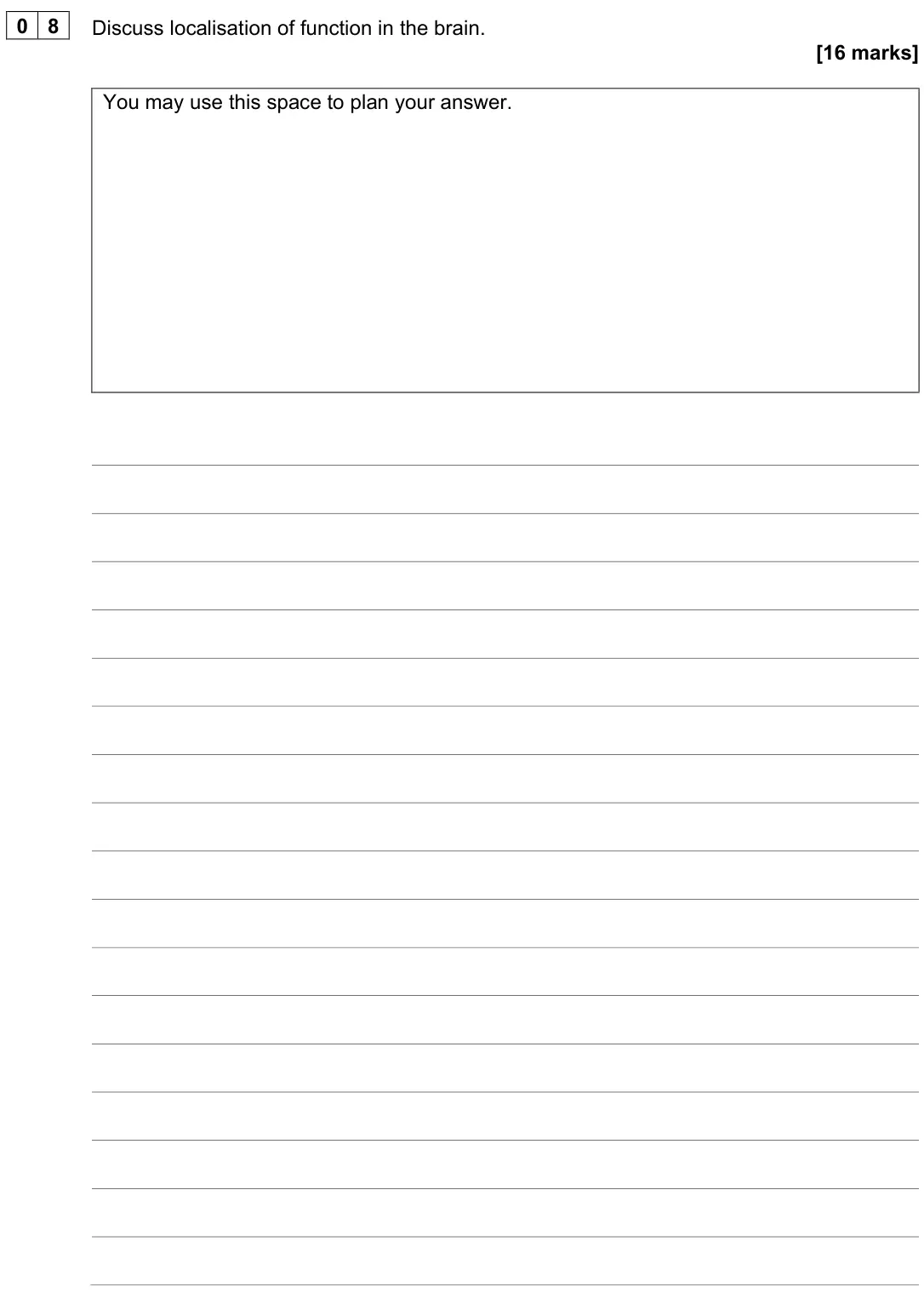 June 2022 Paper 2, question 08: Discuss localisation of function in the brain. [16 marks] You may use this space to plan your answer.