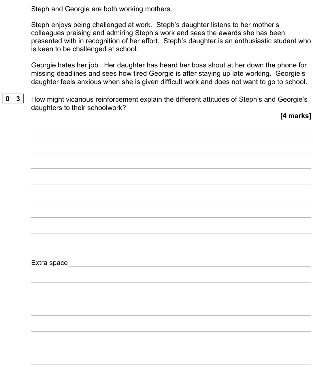 June 2023 Paper 2, question 03: How might vicarious reinforcement explain the different attitudes of Steph’s and Georgie’s daughters to their schoolwork? [4 marks]
