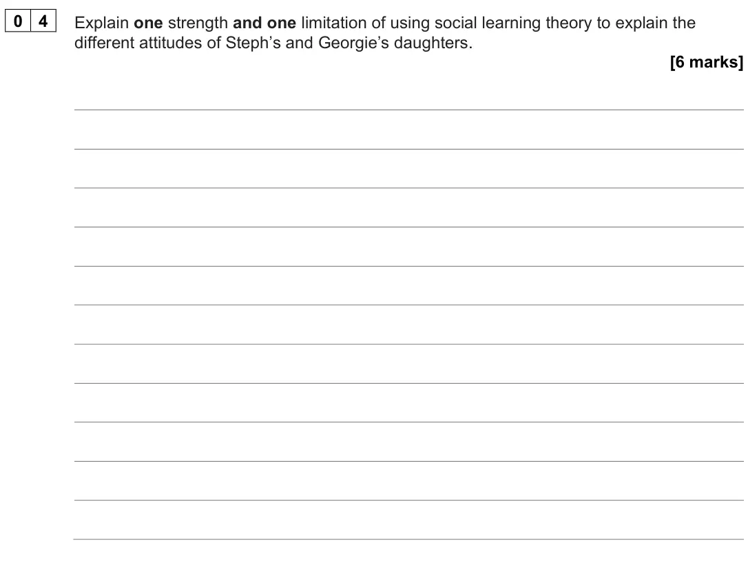 June 2023 Paper 2, question 04: Explain one strength and one limitation of using social learning theory to explain the different attitudes of Steph’s and Georgie’s daughters. [6 marks]