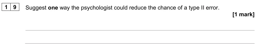June 2023 Paper 2, question 19: Suggest one way the psychologist could reduce the chance of a type II error. [1 mark]