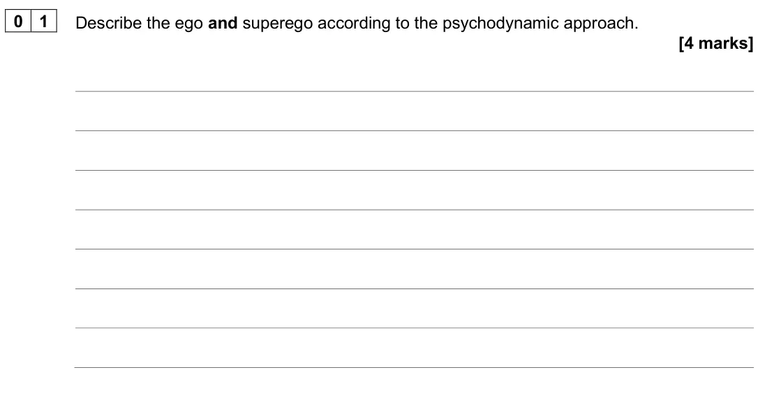 June 2024 Paper 2, question 01: Describe the ego and superego according to the psychodynamic approach. [4 marks]