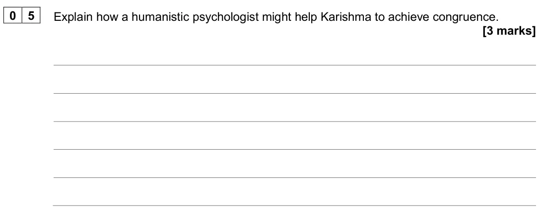 June 2024 Paper 2, question 05: Explain how a humanistic psychologist might help Karishma to achieve congruence. [3 marks]