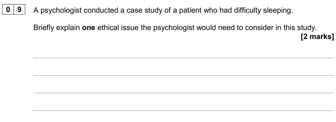 June 2024 Paper 2, question 09: A psychologist conducted a case study of a patient who had difficulty sleeping. Briefly explain one ethical issue the psychologist would need to consider in thi