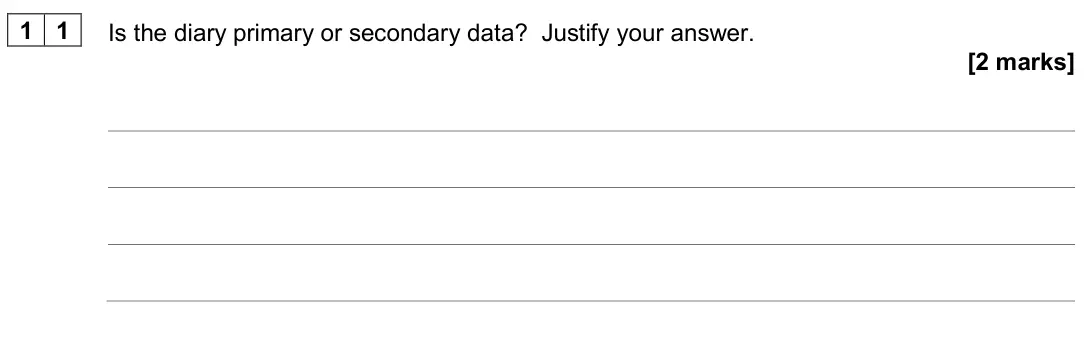 June 2024 Paper 2, question 11: Is the diary primary or secondary data? Justify your answer. [2 marks]