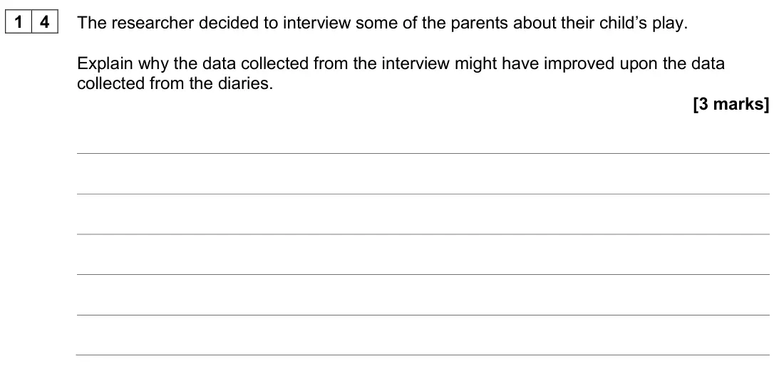 June 2024 Paper 2, question 14: The researcher decided to interview some of the parents about their child’s play. Explain why the data collected from the interview might have improved upon the