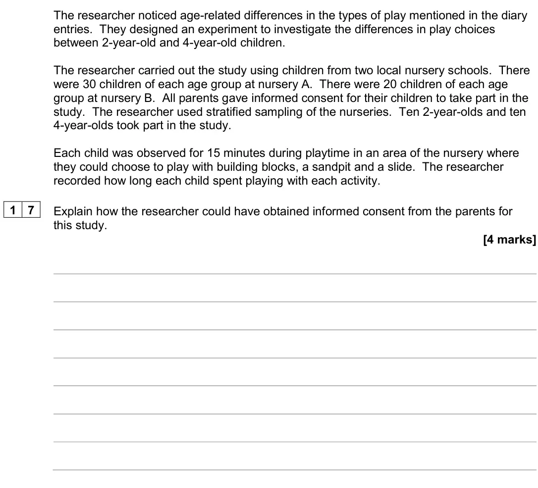 June 2024 Paper 2, question 17: Explain how the researcher could have obtained informed consent from the parents for this study. [4 marks]