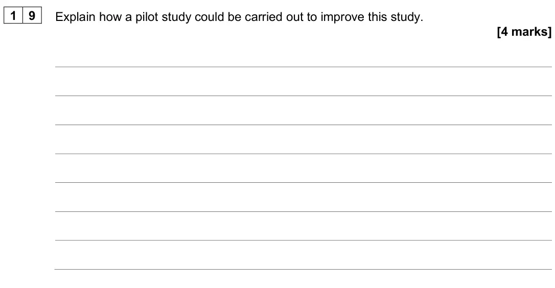June 2024 Paper 2, question 19: Explain how a pilot study could be carried out to improve this study. [4 marks]