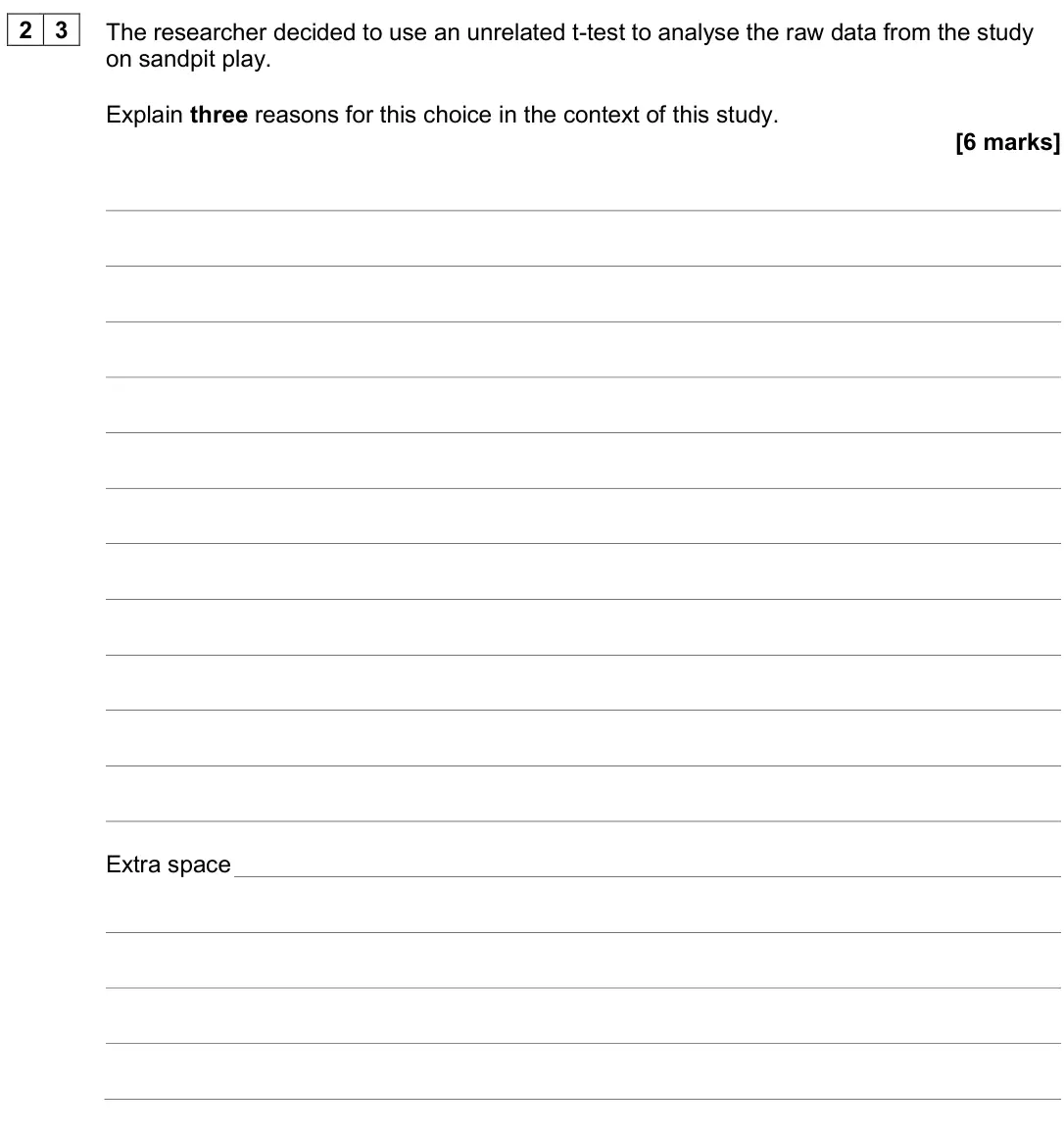 June 2024 Paper 2, question 23: The researcher decided to use an unrelated t-test to analyse the raw data from the study on sandpit play. Explain three reasons for this choice in the context o