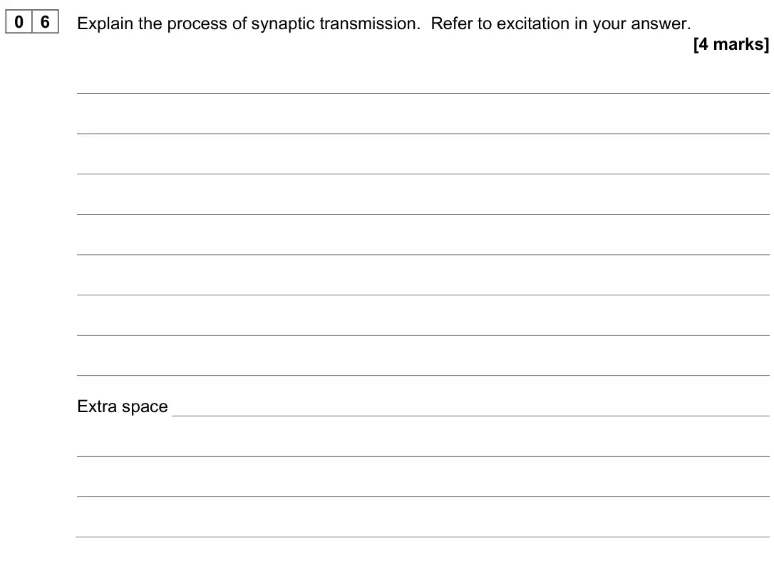 June 2025 Paper 2, question 06: Explain the process of synaptic transmission. Refer to excitation in your answer. [4 marks]