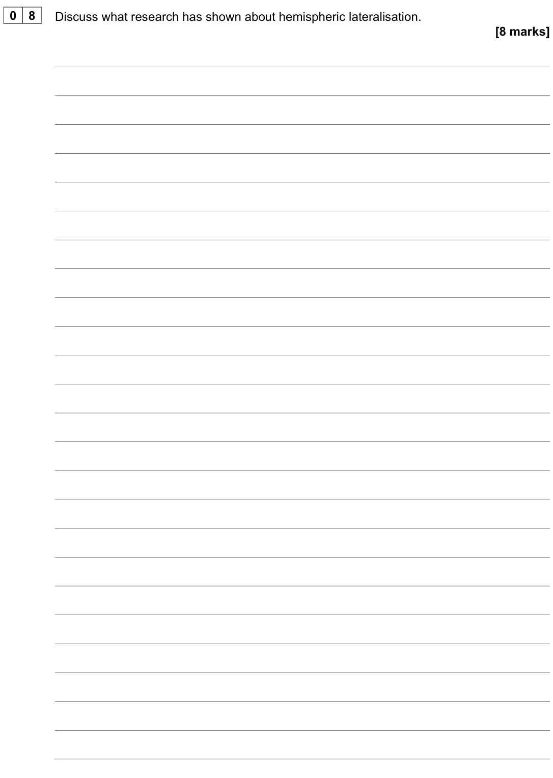 June 2025 Paper 2, question 08: Discuss what research has shown about hemispheric lateralisation. [8 marks]