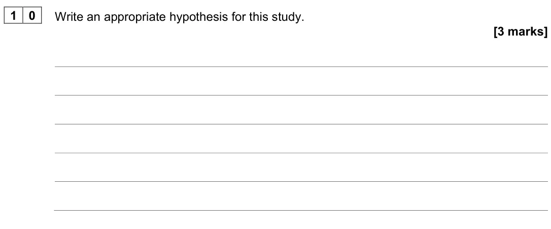 June 2025 Paper 2, question 10: Write an appropriate hypothesis for this study. [3 marks]