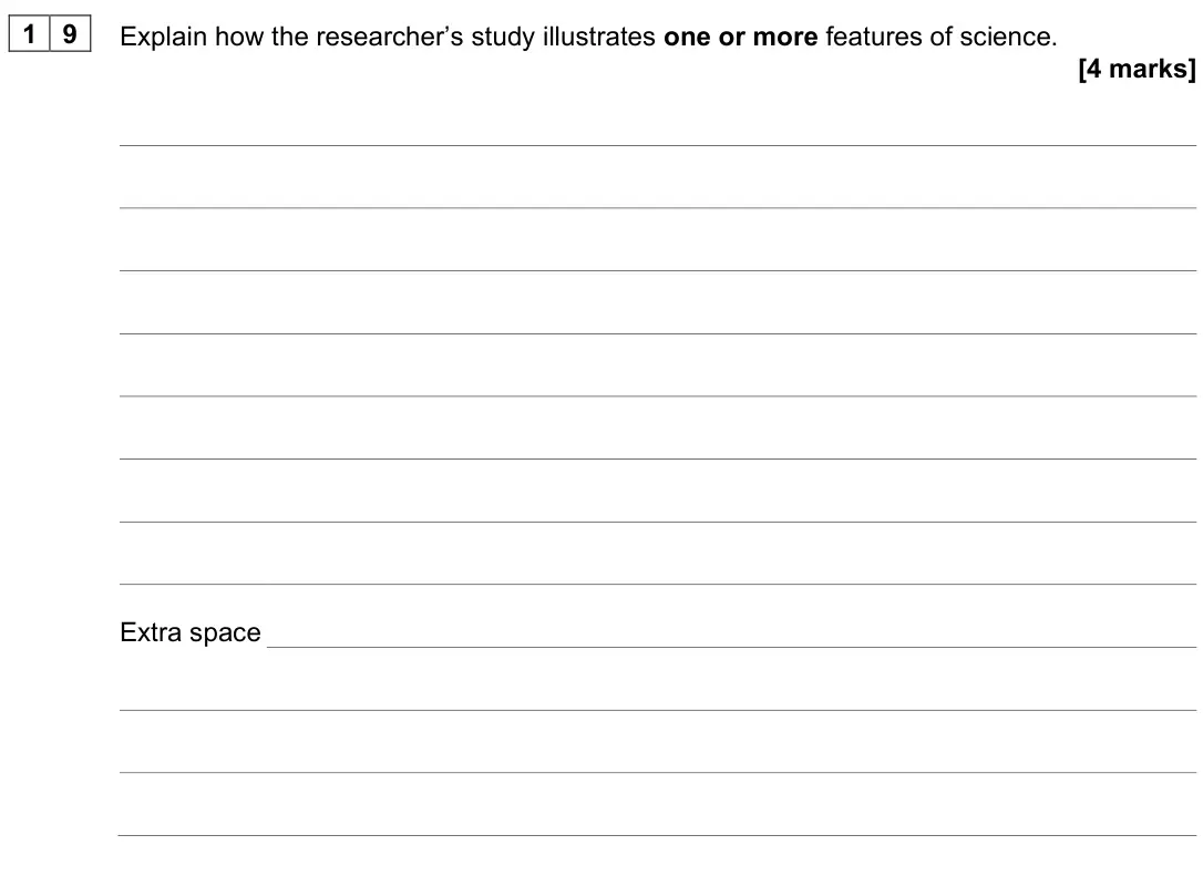 June 2025 Paper 2, question 19: Explain how the researcher’s study illustrates one or more features of science. [4 marks]