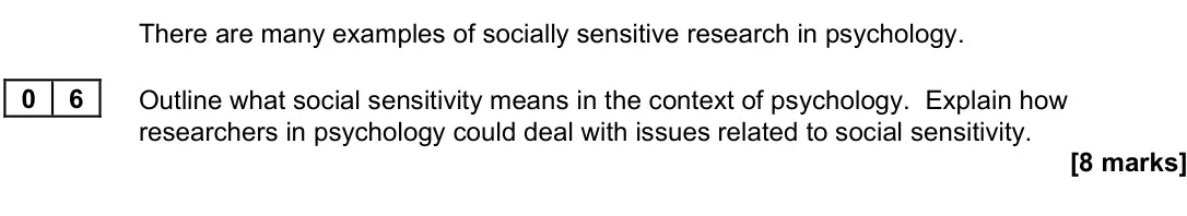 June 2022 Paper 3, question 06: Outline what social sensitivity means in the context of psychology. Explain how researchers in psychology could deal with issues related to social sensitivity.