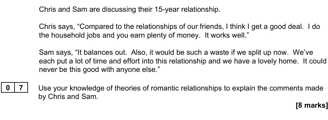 June 2022 Paper 3, question 07: Use your knowledge of theories of romantic relationships to explain the comments made by Chris and Sam. [8 marks]