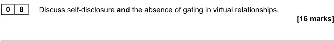June 2022 Paper 3, question 08: Discuss self-disclosure and the absence of gating in virtual relationships. [16 marks]