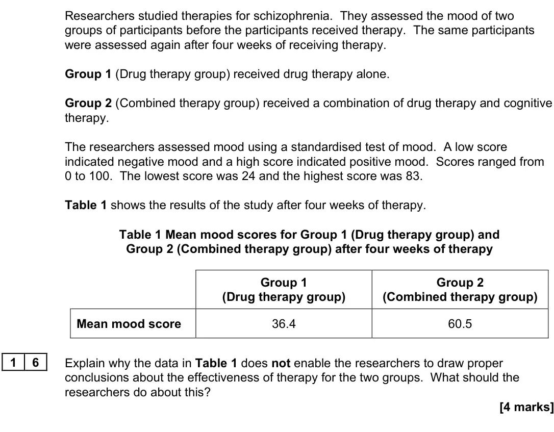 June 2022 Paper 3, question 16: Explain why the data in Table 1 does not enable the researchers to draw proper conclusions about the effectiveness of therapy for the two groups. What should th