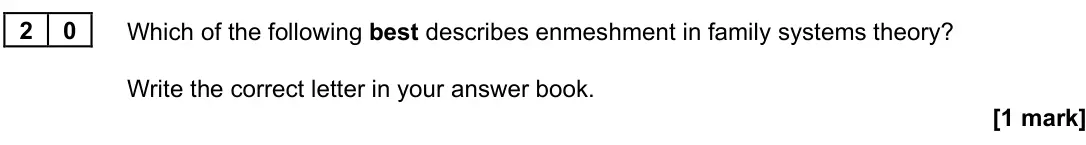 June 2022 Paper 3, question 20: Which of the following best describes enmeshment in family systems theory? Write the correct letter in your answer book. [1 mark]