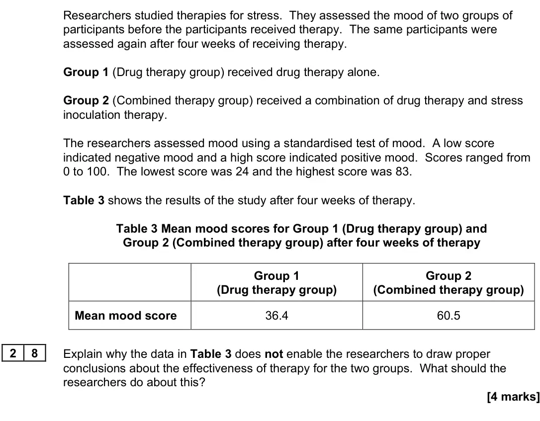 June 2022 Paper 3, question 28: Explain why the data in Table 3 does not enable the researchers to draw proper conclusions about the effectiveness of therapy for the two groups. What should th