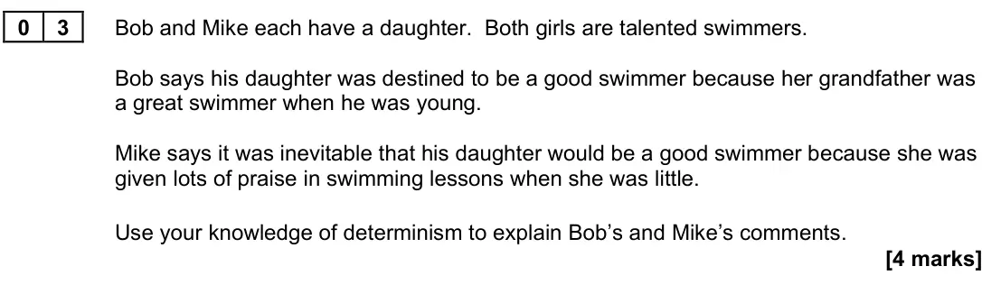 June 2023 Paper 3, question 03: Bob and Mike each have a daughter. Both girls are talented swimmers. Bob says his daughter was destined to be a good swimmer because her grandfather was a great