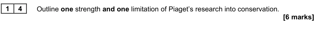 June 2023 Paper 3, question 14: Outline one strength and one limitation of Piaget’s research into conservation. [6 marks]
