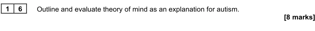 June 2023 Paper 3, question 16: Outline and evaluate theory of mind as an explanation for autism. [8 marks]