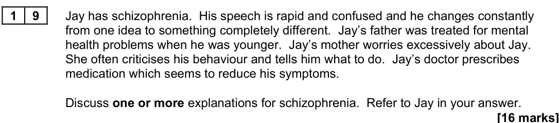 June 2023 Paper 3, question 19: Jay has schizophrenia. His speech is rapid and confused and he changes constantly from one idea to something completely different. Jay’s father was treated for
