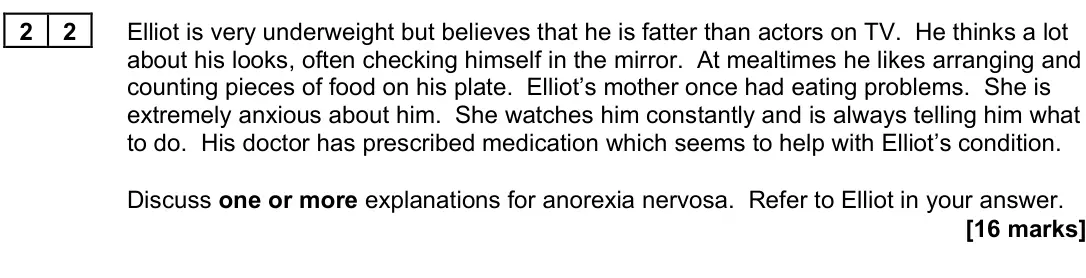 June 2023 Paper 3, question 22: Elliot is very underweight but believes that he is fatter than actors on TV. He thinks a lot about his looks, often checking himself in the mirror. At mealtimes