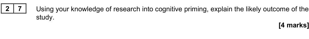 June 2023 Paper 3, question 27: Using your knowledge of research into cognitive priming, explain the likely outcome of the study. [4 marks]