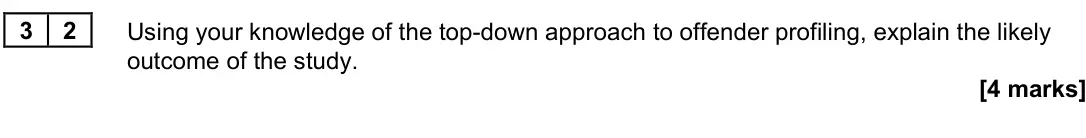 June 2023 Paper 3, question 32: Using your knowledge of the top-down approach to offender profiling, explain the likely outcome of the study. [4 marks]