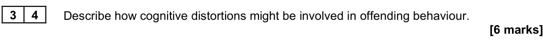 June 2023 Paper 3, question 34: Describe how cognitive distortions might be involved in offending behaviour. [6 marks]