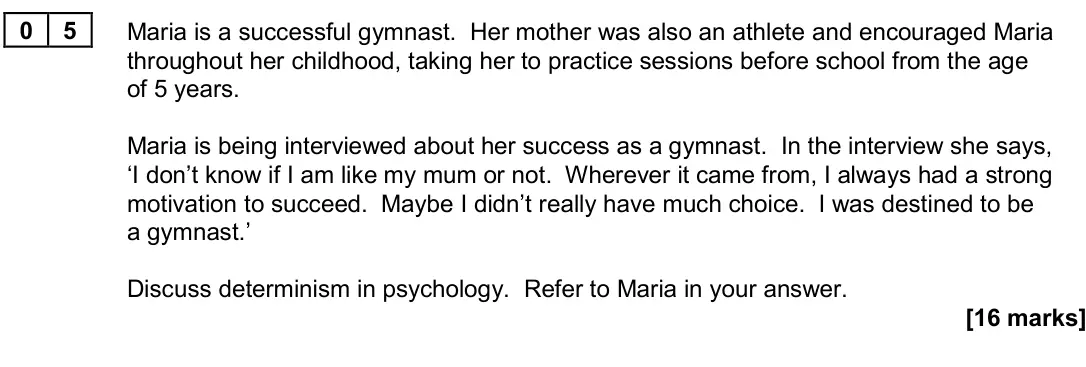 June 2024 Paper 3, question 05: Maria is a successful gymnast. Her mother was also an athlete and encouraged Maria throughout her childhood, taking her to practice sessions before school from